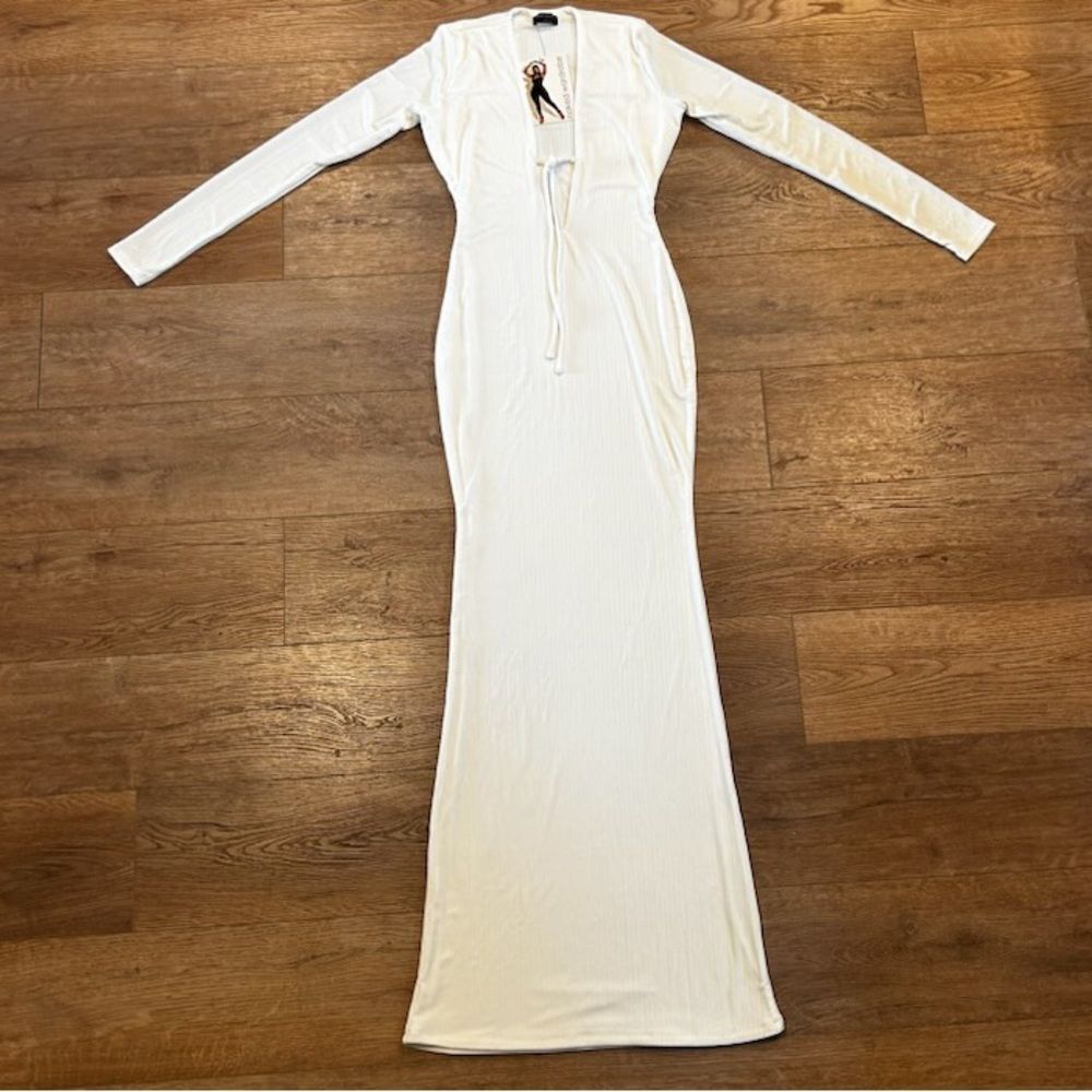 NWT Naked Wardrobe Longsleeve Ribbed White Dress Size Large
